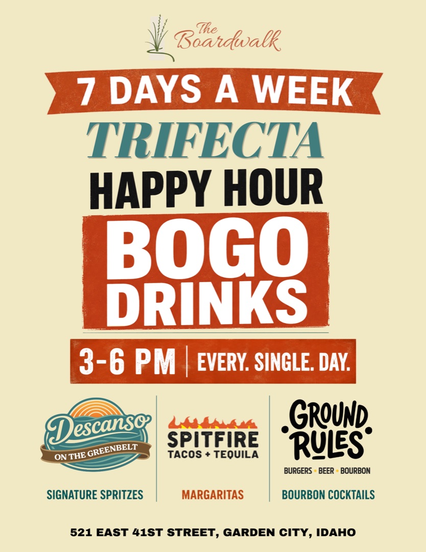 Trifecta Happy Hour at The Boardwalk — BOGO drinks 3–6 PM, 7 days a week. Bourbon cocktails at Ground Rules, signature spritzes at Descanso, margaritas at Spitfire.