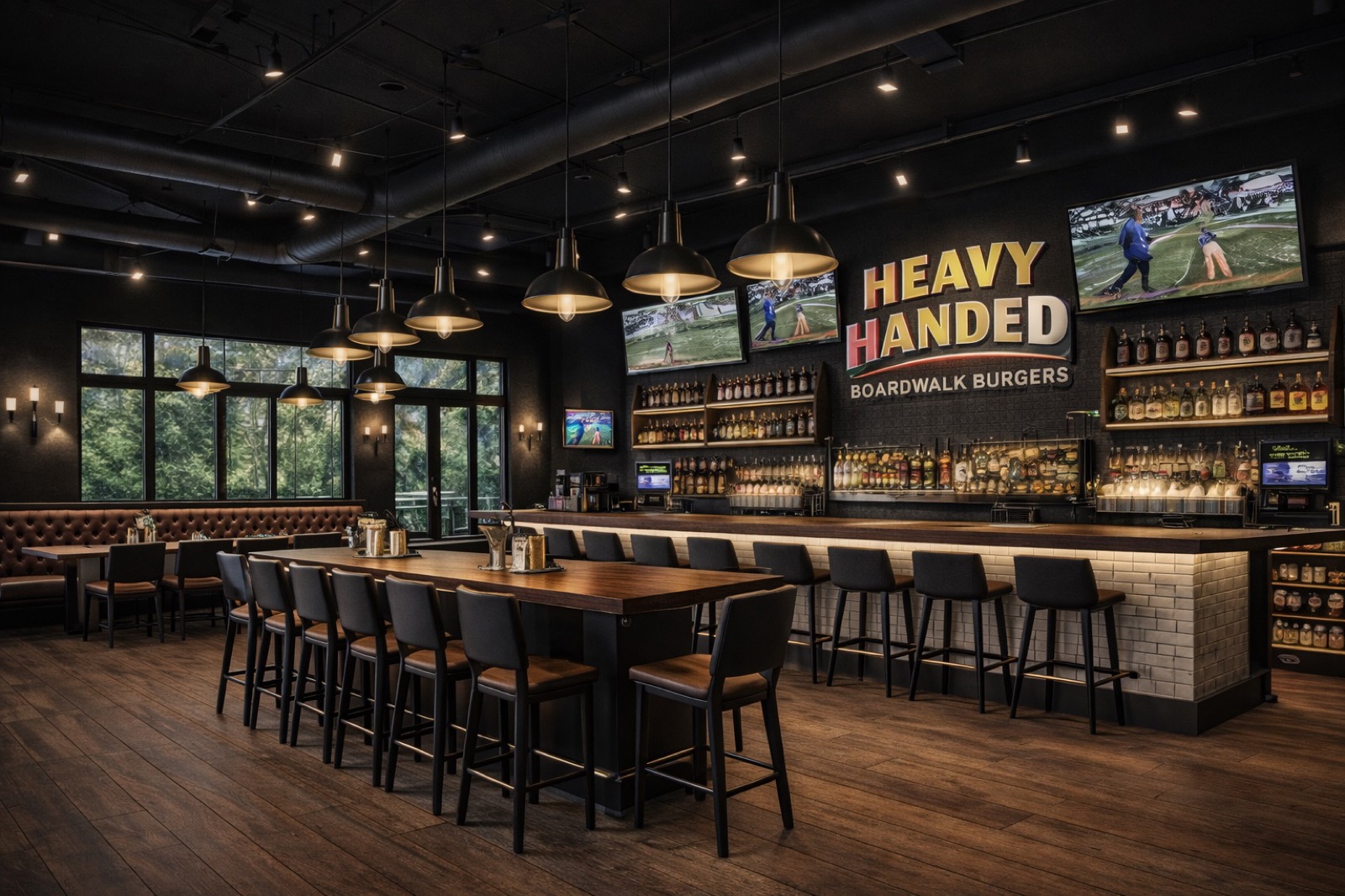 Detail of bar wall with bottles, chalkboard and big screen.